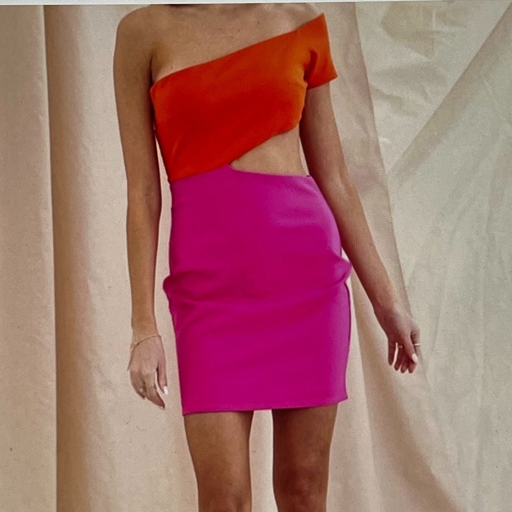 FORE Bright Pink/Orange One Shoulder Cut Out Waist Mini Dress New with Tags